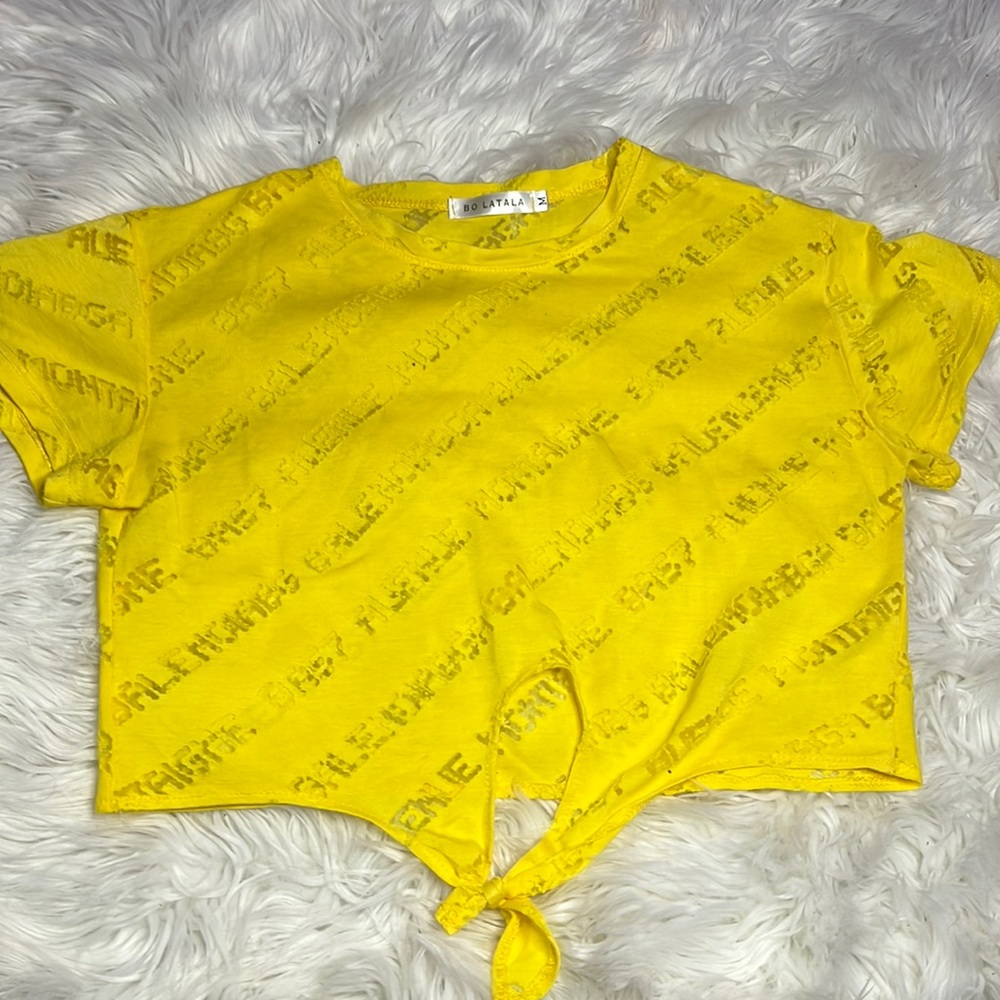 Yellow kids crop top sheer lettering